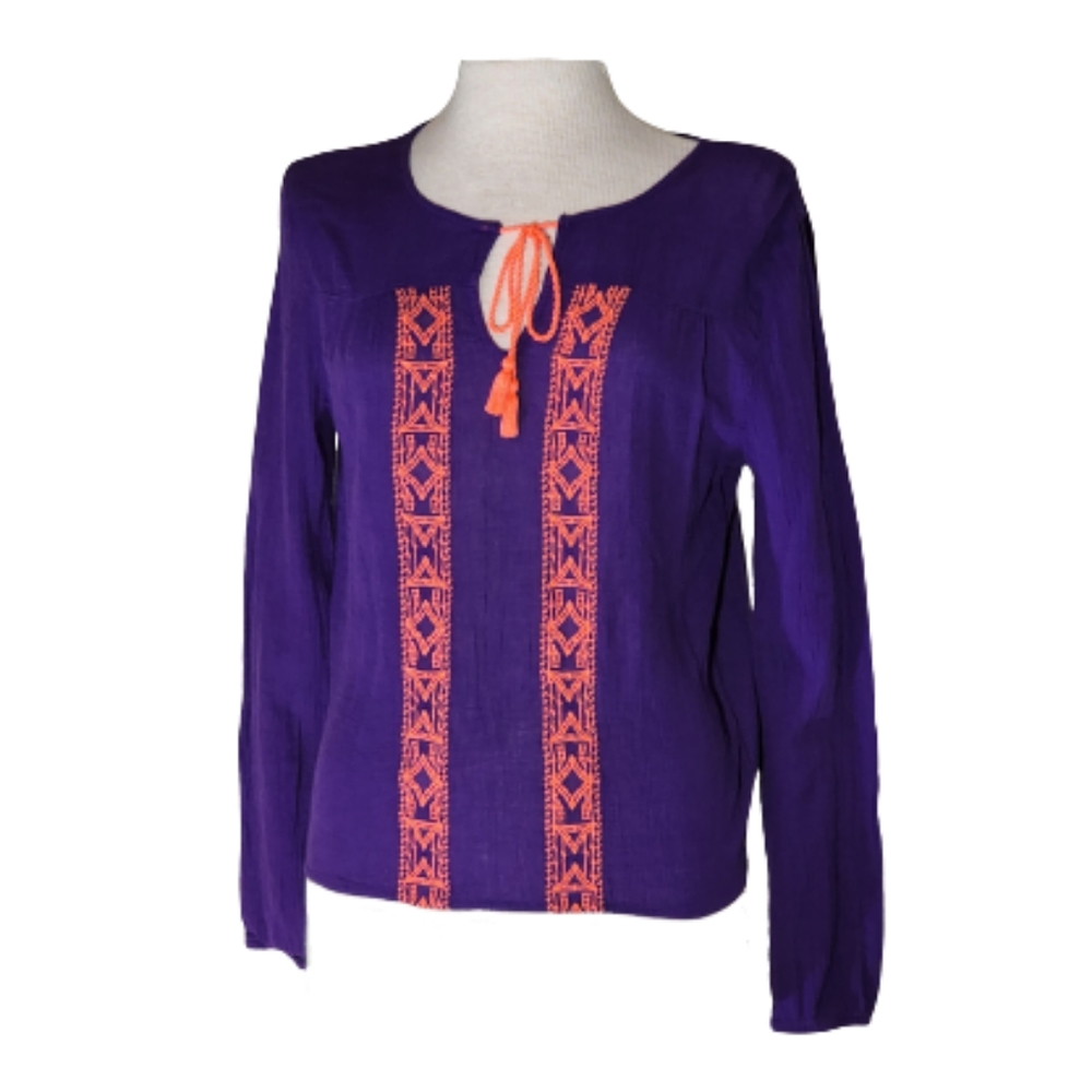 Decree Top 100% Cotton Embroidered Tassle Ties Purple Size M